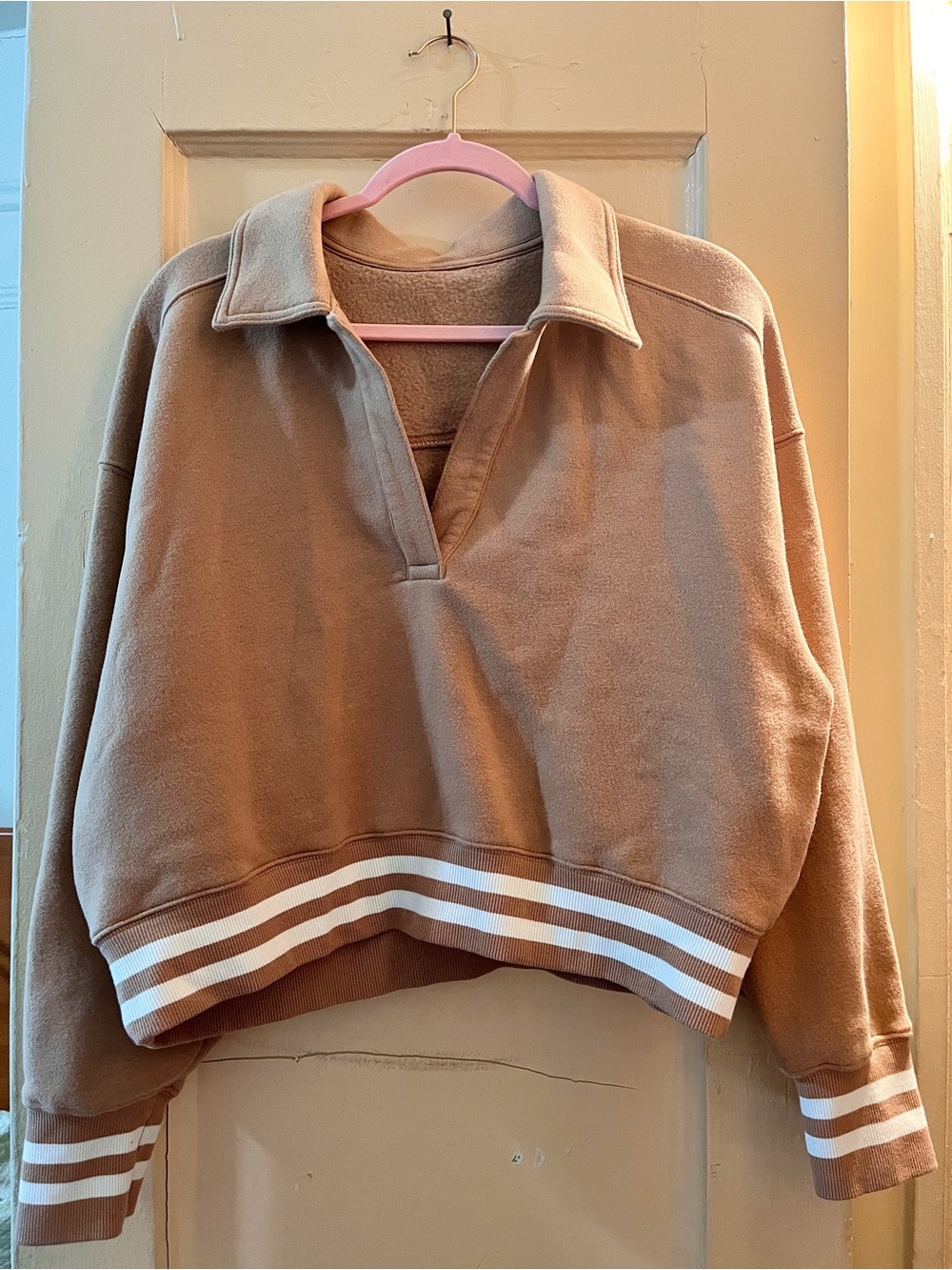 OFFLINE by Aerie Tan Striped V-Neck Polo Fleece Sweatshirt M